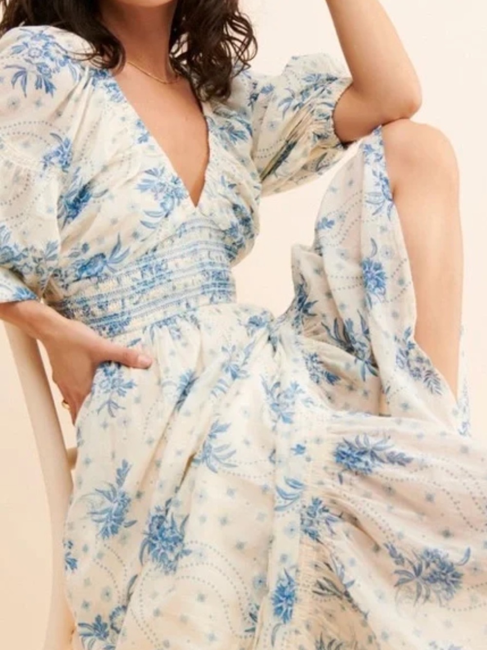 Free People Golden Hour Boho Floral Maxi Dress Blue/Cream XS